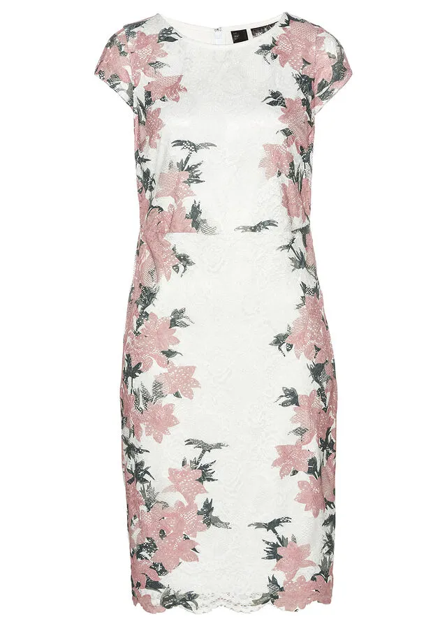 Vestido de encaje estampado Blanco lana-rosa vintage de flores