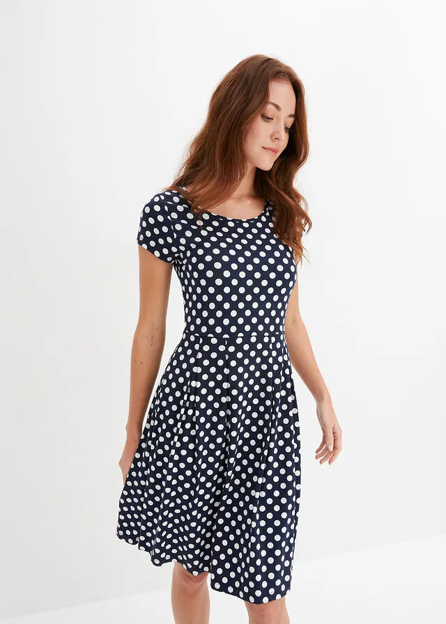 Vestido de punto Azul oscuro-blanco lana de lunares