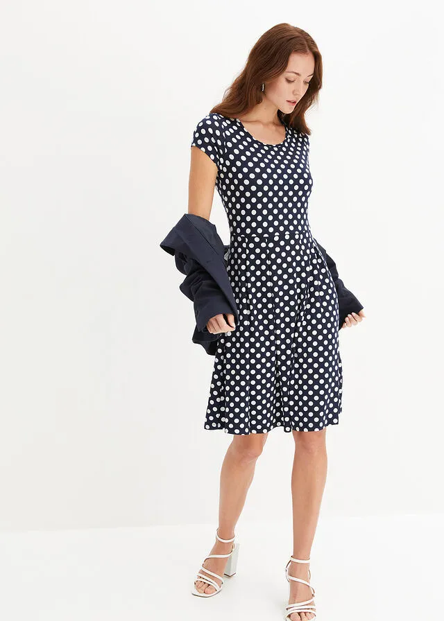 Vestido de punto Azul oscuro-blanco lana de lunares
