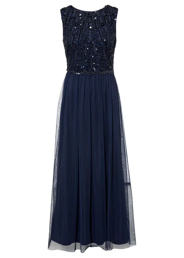 Vestido largo con aplicación de perlas Azul marino
