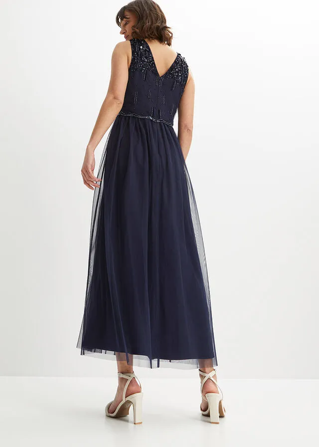 Vestido largo con aplicación de perlas Azul marino