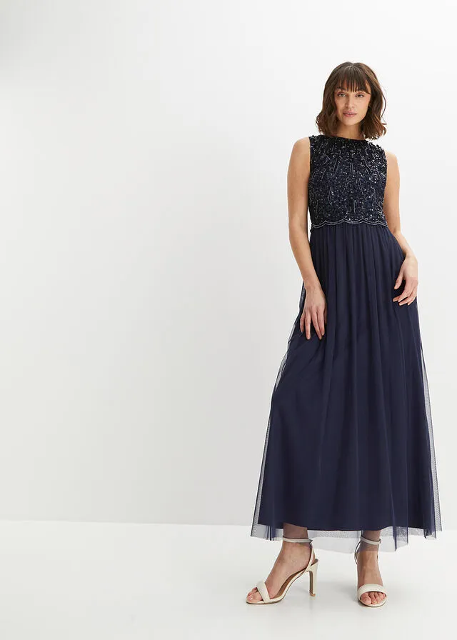 Vestido largo con aplicación de perlas Azul marino