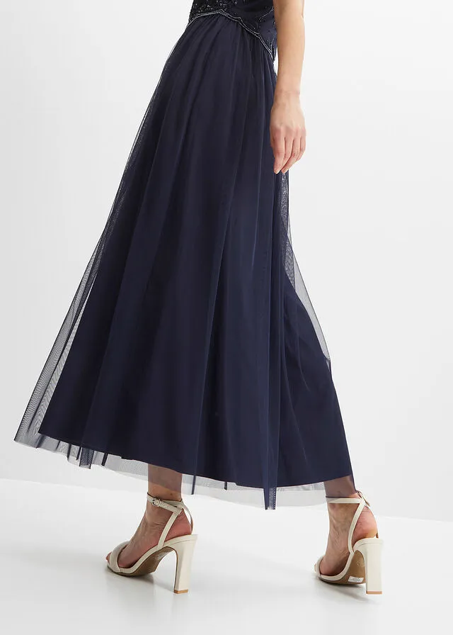 Vestido largo con aplicación de perlas Azul marino