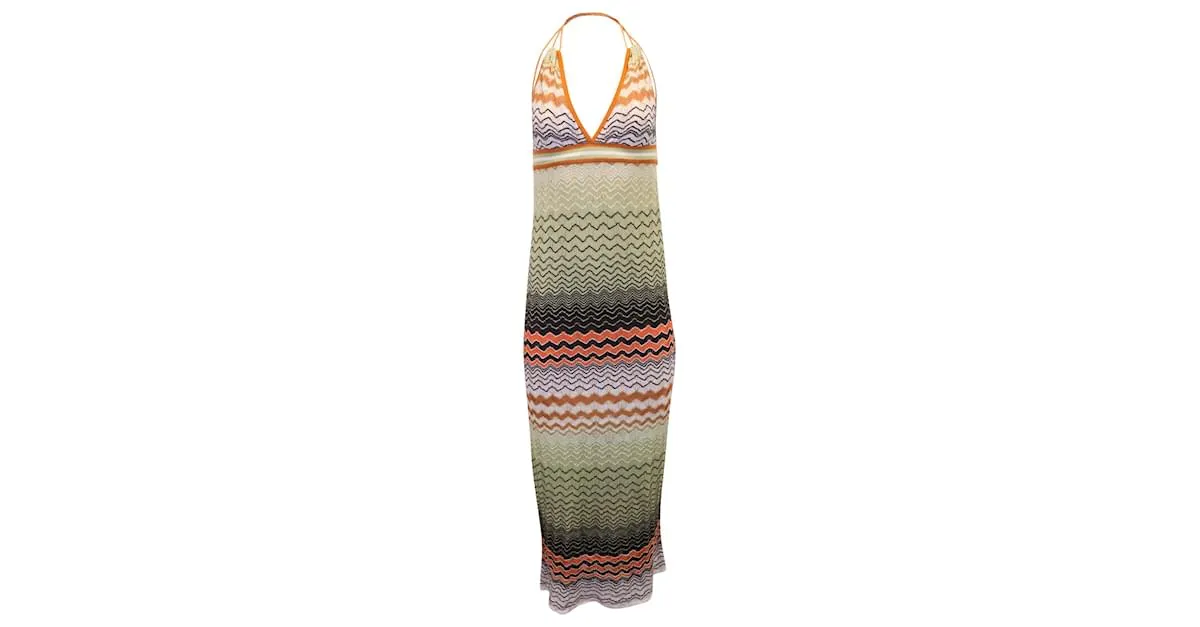 Vestido largo con cuello halter y punto ondulado de algodón multicolor de M Missoni Impresión de pitón 