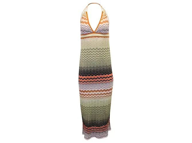 Vestido largo con cuello halter y punto ondulado de algodón multicolor de M Missoni Impresión de pitón 