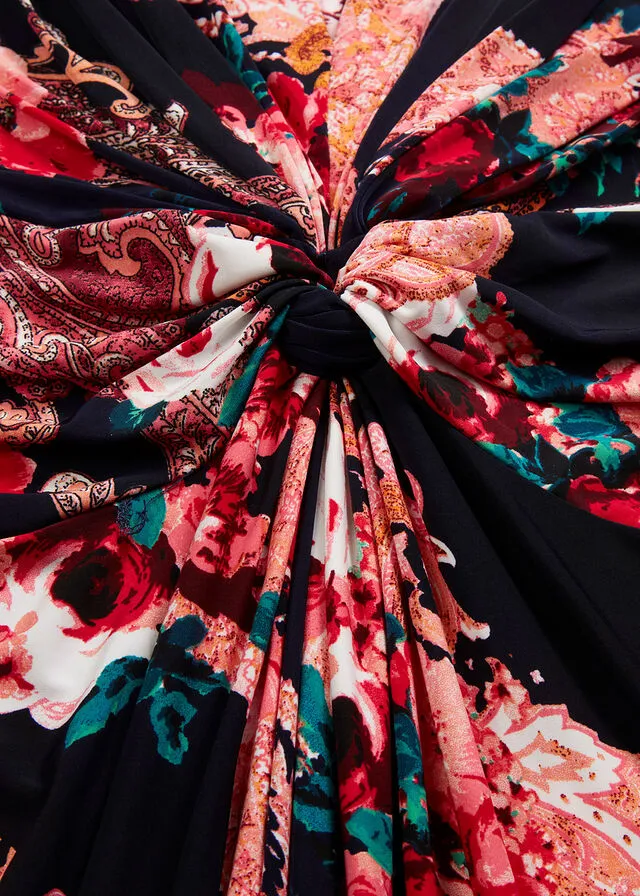 Vestido largo con detalle cruzado Azul oscuro/rojo/rosa de flores