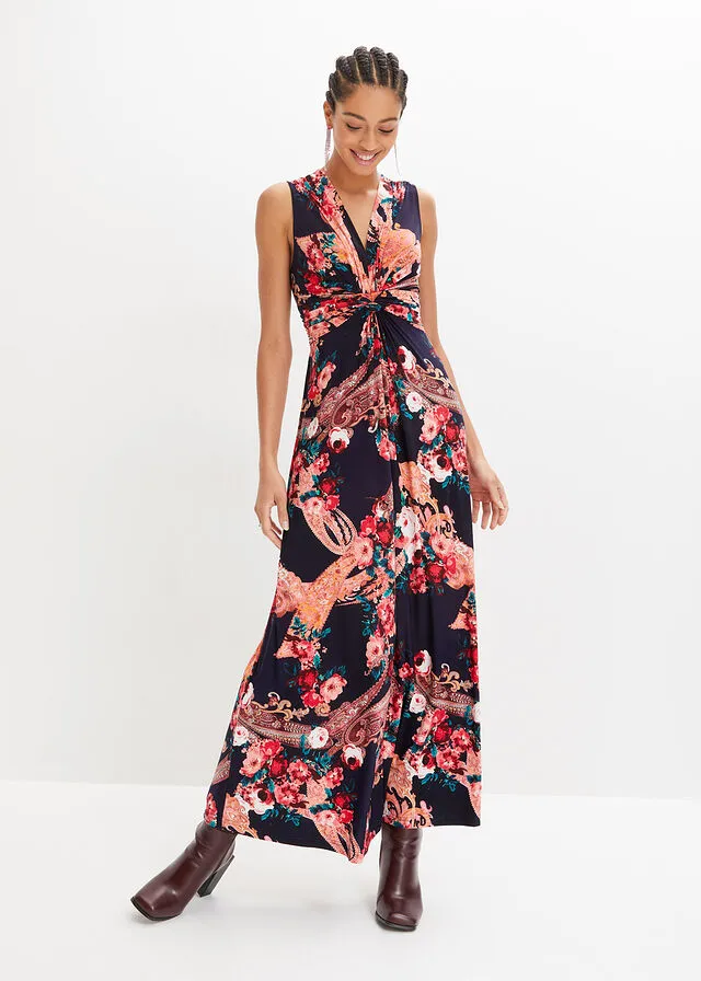 Vestido largo con detalle cruzado Azul oscuro/rojo/rosa de flores