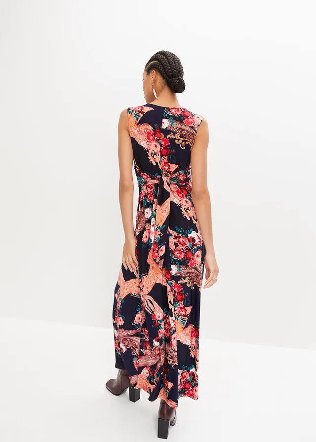 Vestido largo con detalle cruzado Azul oscuro/rojo/rosa de flores