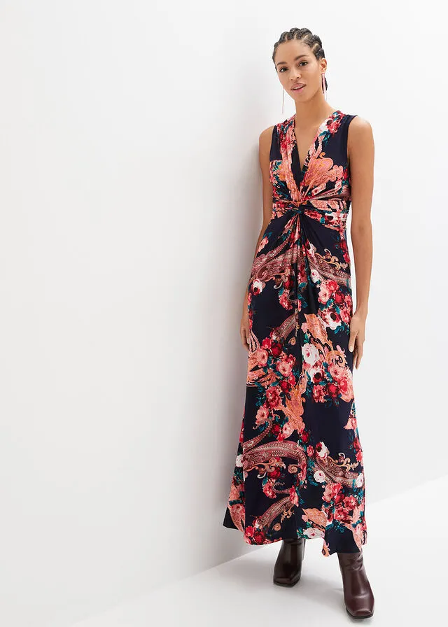Vestido largo con detalle cruzado Azul oscuro/rojo/rosa de flores