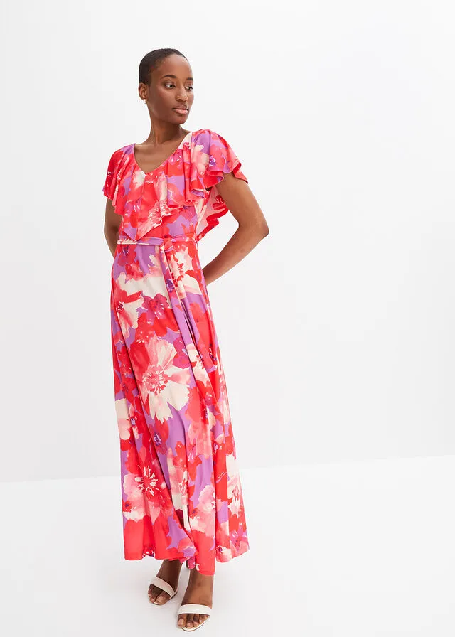 Vestido maxi con volantes y cinturón Lila-rosa de flores