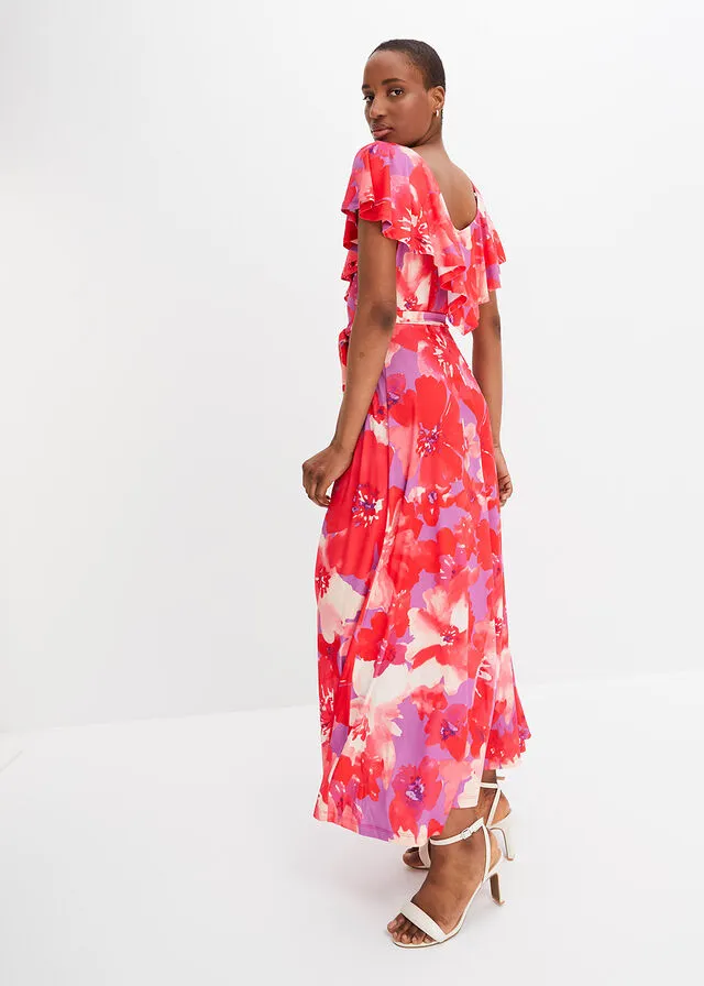Vestido maxi con volantes y cinturón Lila-rosa de flores