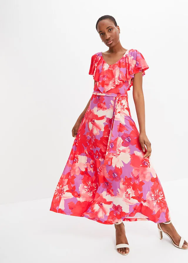 Vestido maxi con volantes y cinturón Lila-rosa de flores
