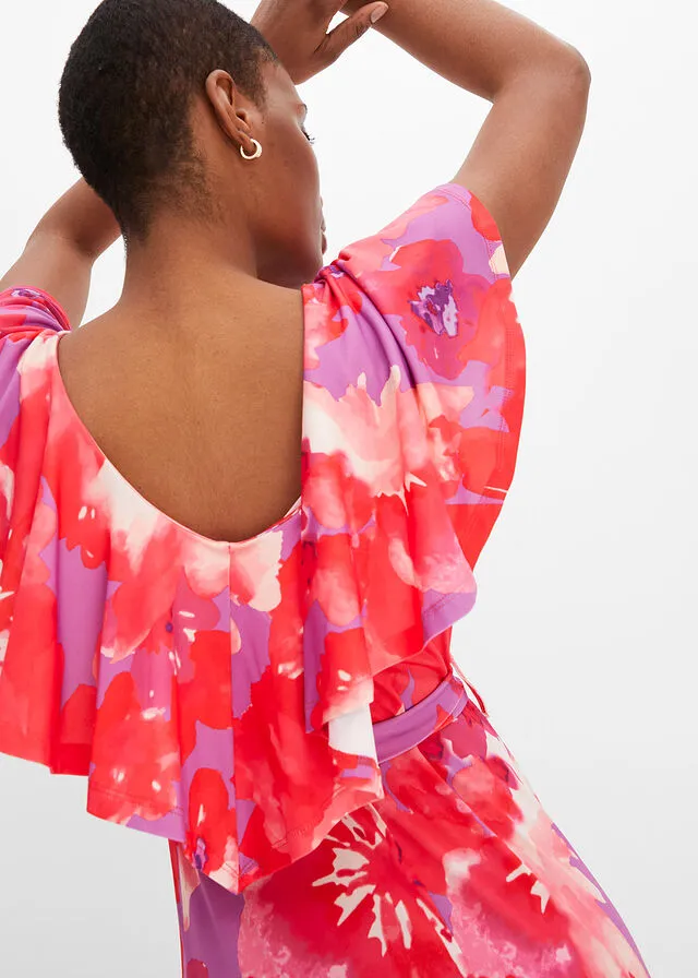 Vestido maxi con volantes y cinturón Lila-rosa de flores