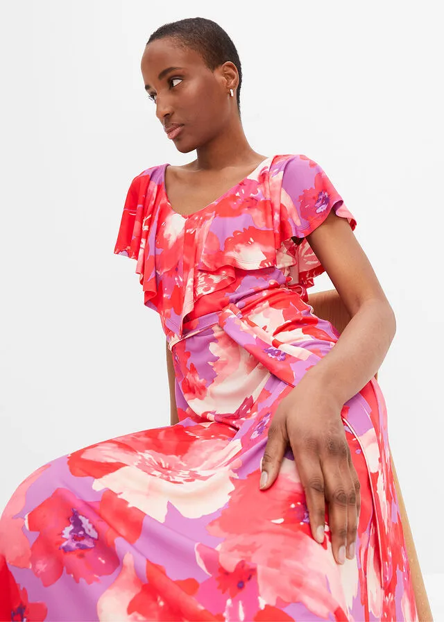 Vestido maxi con volantes y cinturón Lila-rosa de flores