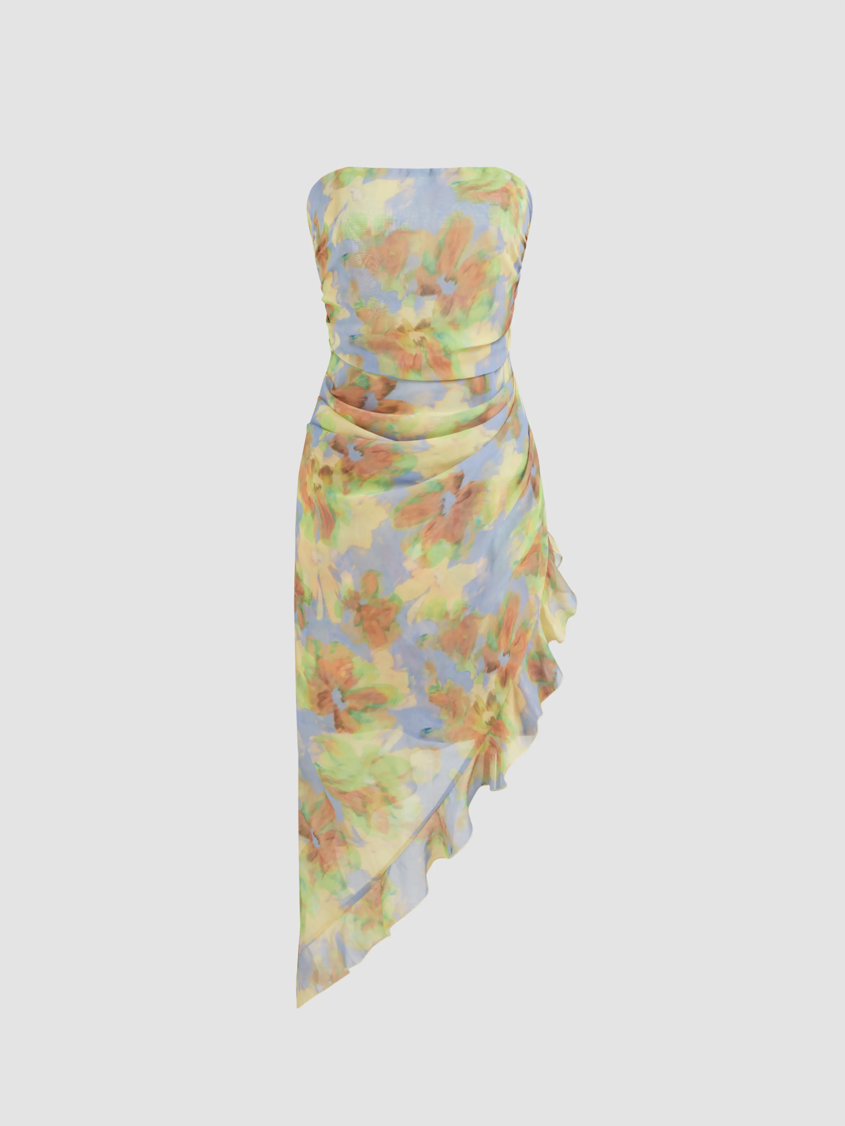 Vestido Midi Asimétrico con Dobladillo de Lechuga y Estampado Floral de Doble Uso