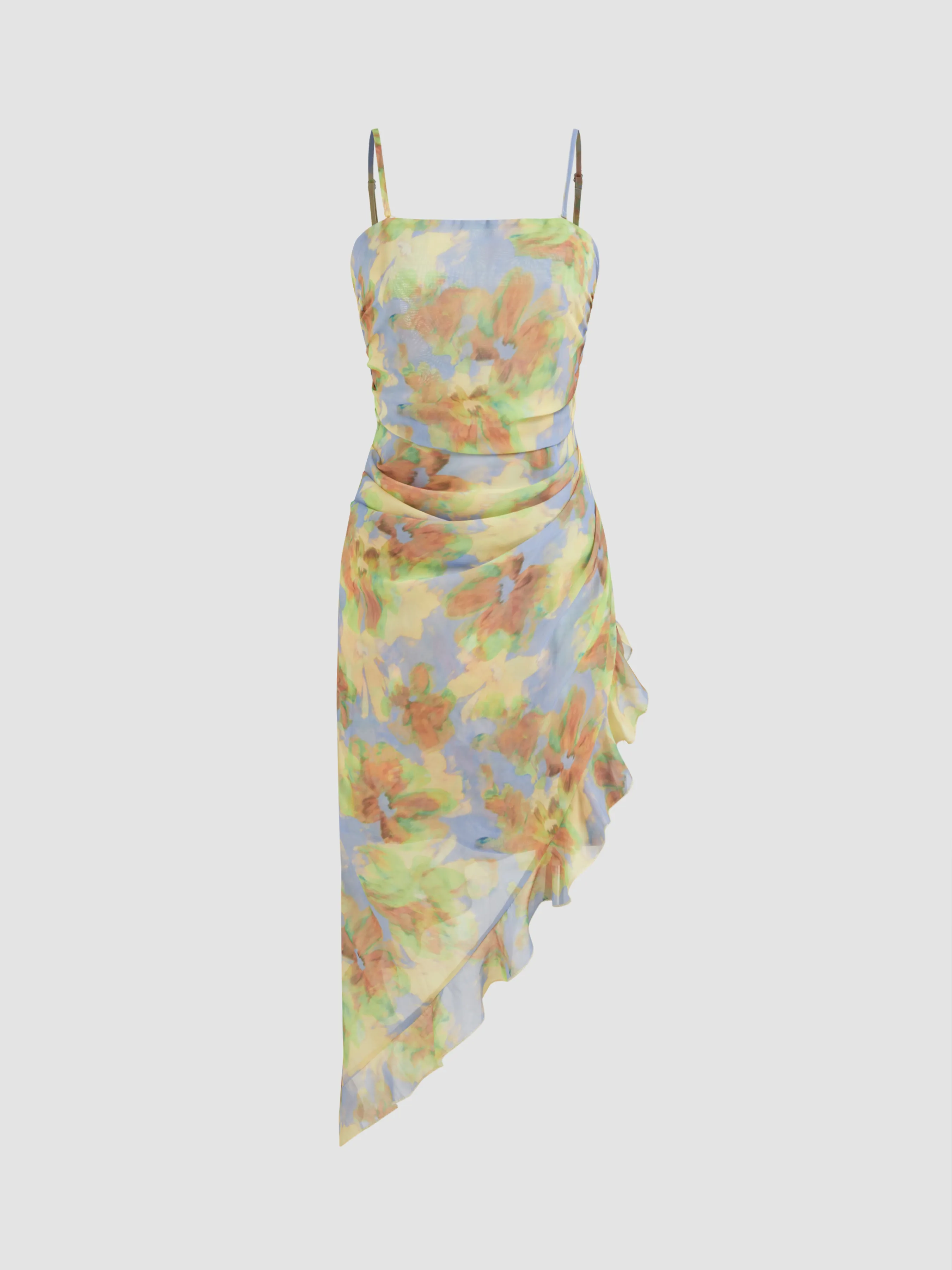 Vestido Midi Asimétrico con Dobladillo de Lechuga y Estampado Floral de Doble Uso