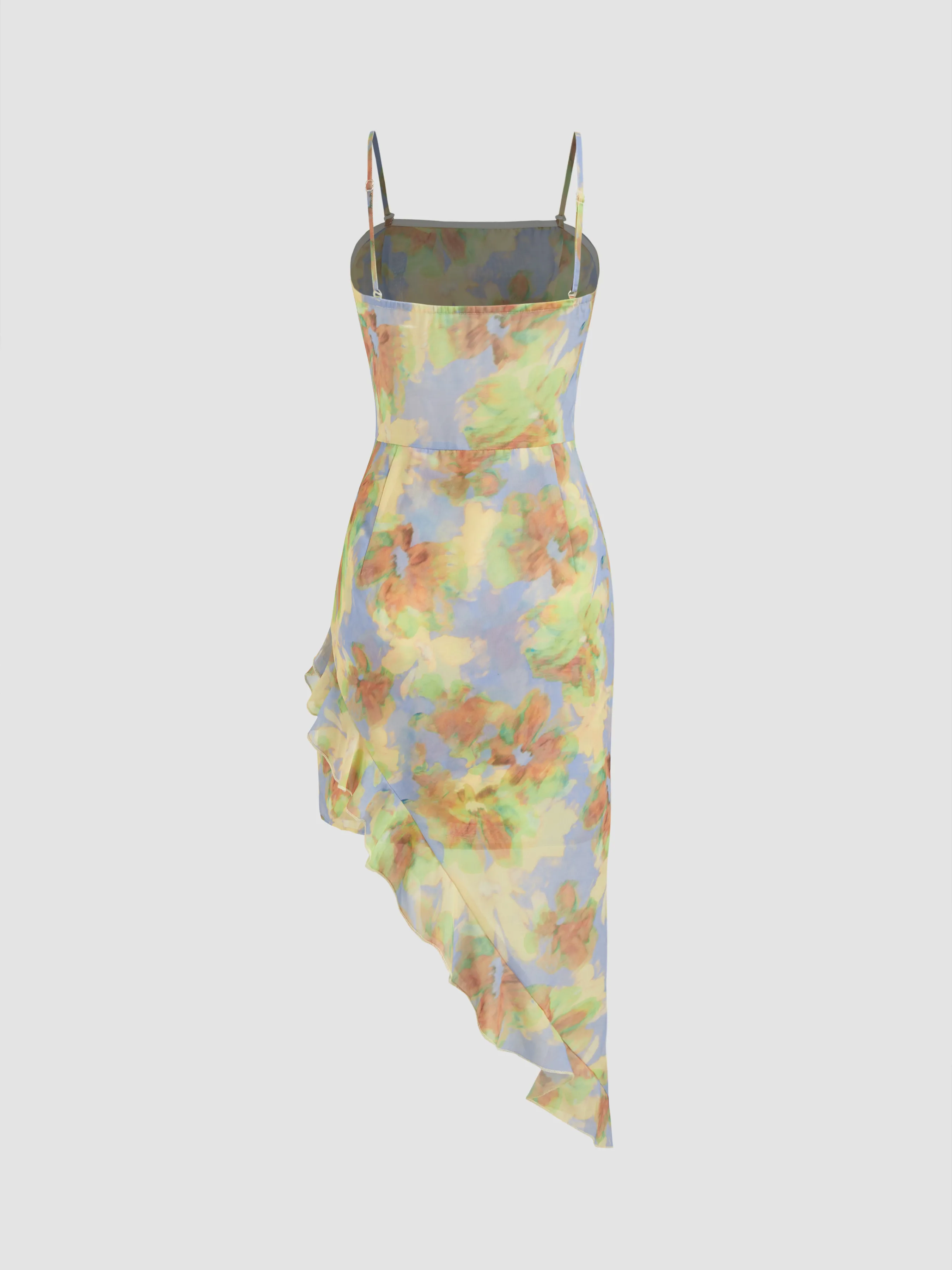 Vestido Midi Asimétrico con Dobladillo de Lechuga y Estampado Floral de Doble Uso