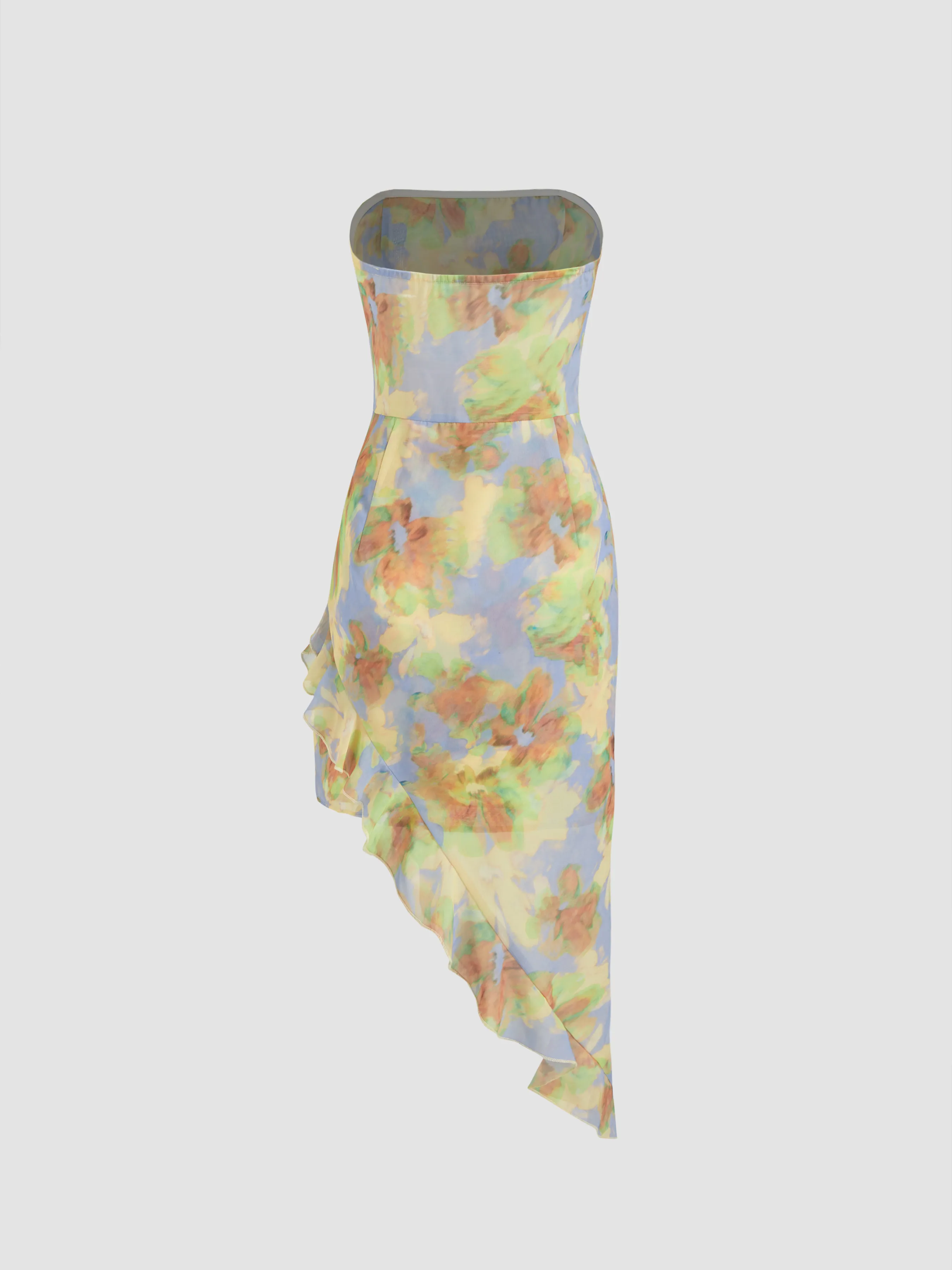 Vestido Midi Asimétrico con Dobladillo de Lechuga y Estampado Floral de Doble Uso
