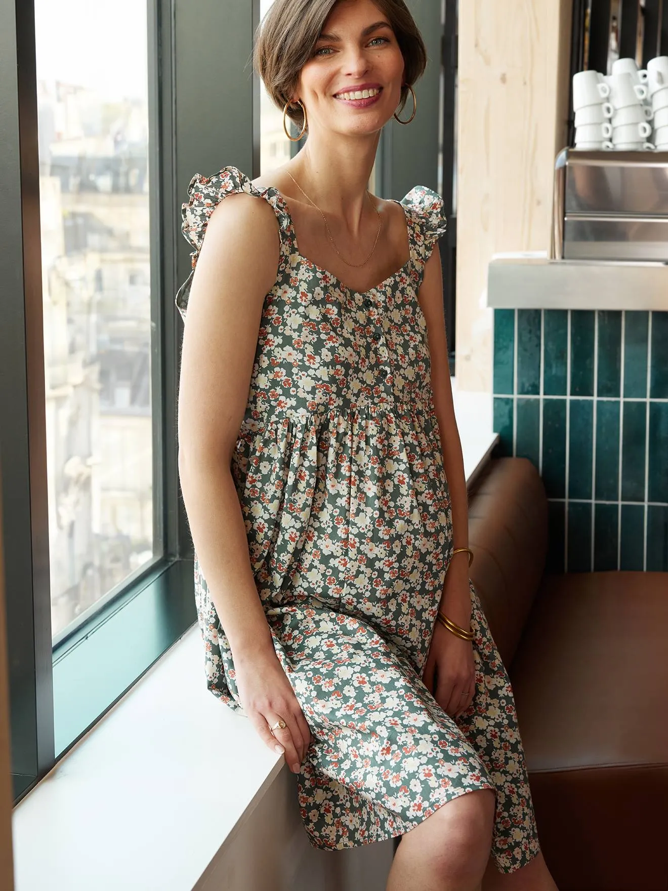 Vestido para embarazo de flores con tirantes con volantes ENVIE DE FRAISE