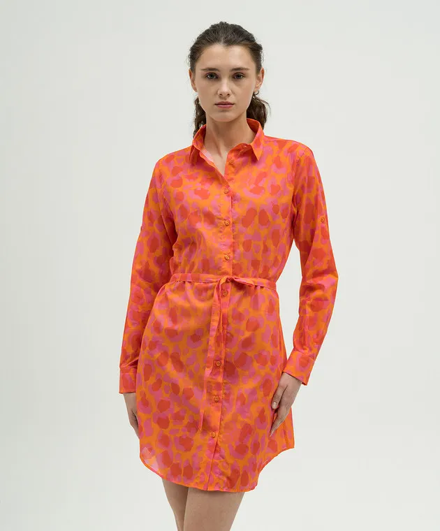 Vilebrequin Orange shirt dress in animal print with logo embroidery
