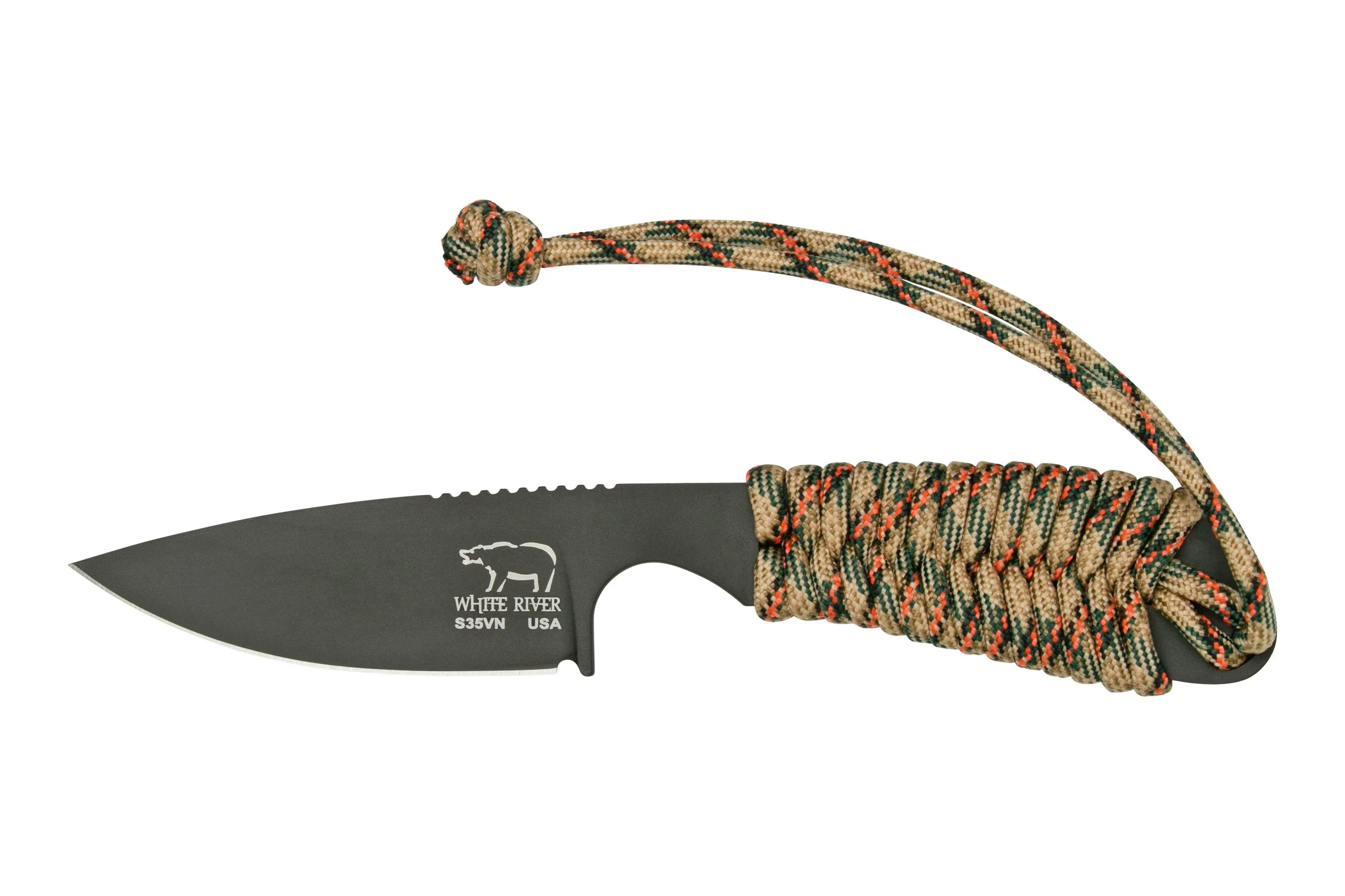 White River M1 Backpacker WRM1-PTS-CBI Treestand Camo Paracord, Black Coated, cuchillo de cuello