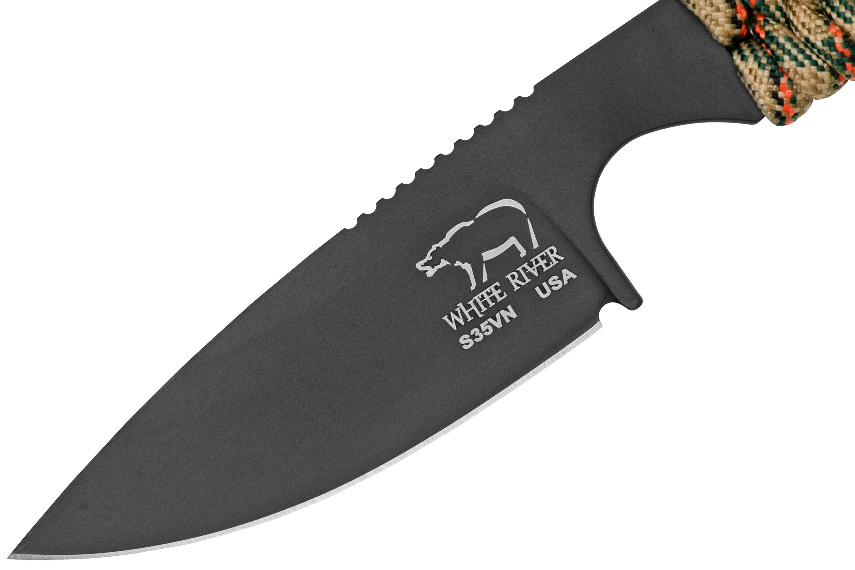 White River M1 Backpacker WRM1-PTS-CBI Treestand Camo Paracord, Black Coated, cuchillo de cuello