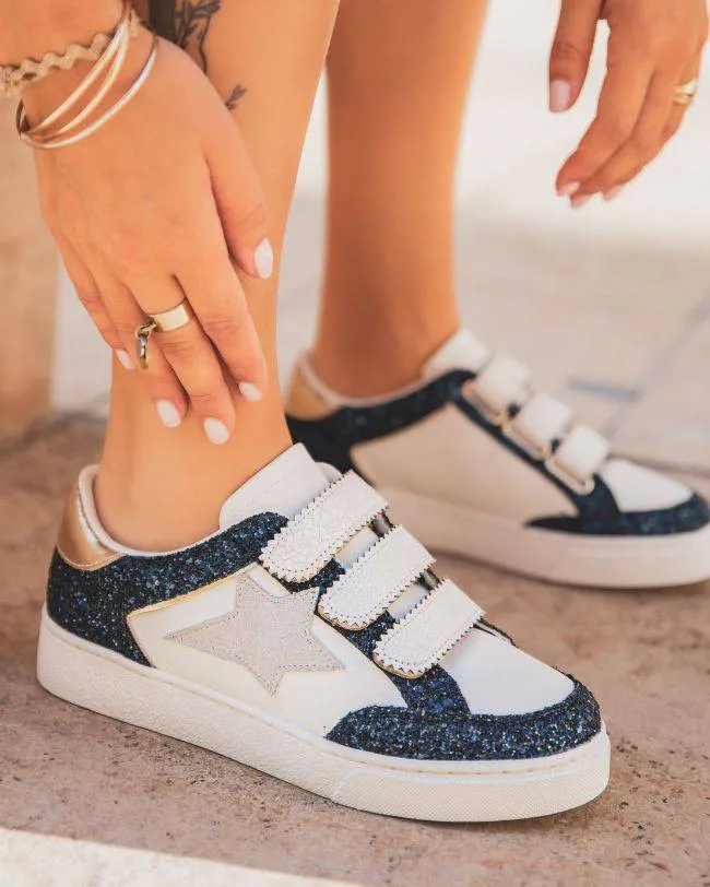Zapatillas de mujer azul con purpurina y cierre de velcro - Eden