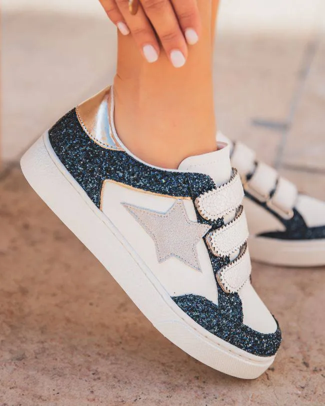 Zapatillas de mujer azul con purpurina y cierre de velcro - Eden