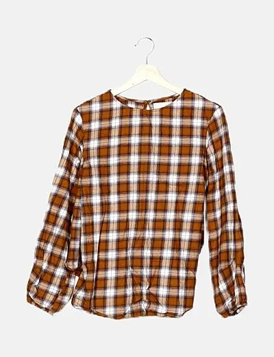 Zara Blusa marrón cuadros detalle lazo